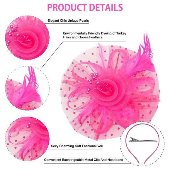 7813 Fascinators Hatsfor Women, Tea Party Derby Hats Pink Fascinators Headband - Picture 4 of 7
